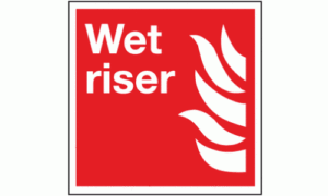 a wet riser fire safety sign in red and white