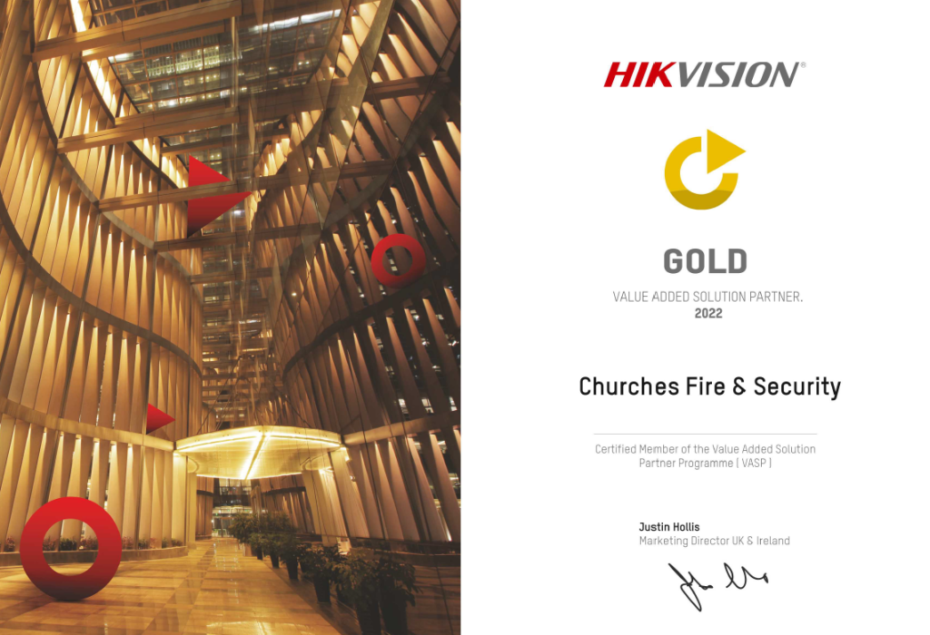 An official signed statement by Hikvision declaring gold partner status with Churches Fire